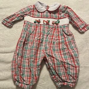 Babeeni Plaid Smocked Christmas Construction Trucks Long Sleeve Romper Sz 6m